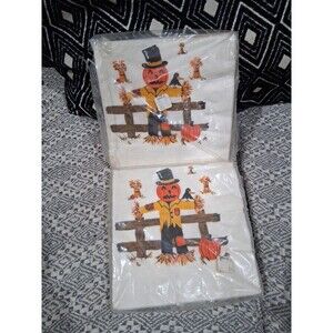 Vintage Halloween  FUTURA Paper  Luncheon Napkins ~ JOL Scarecrow on Fence 27